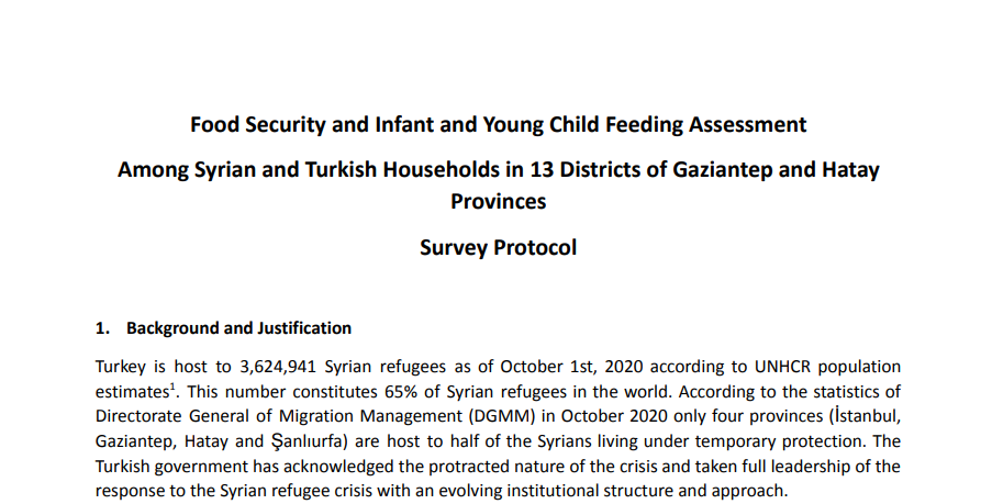 Food Security and Infant and Young Child Feeding Assessment Among Syrian and Turkish Households in 13 Districts of Gaziantep and Hatay Provinces Survey Protocol