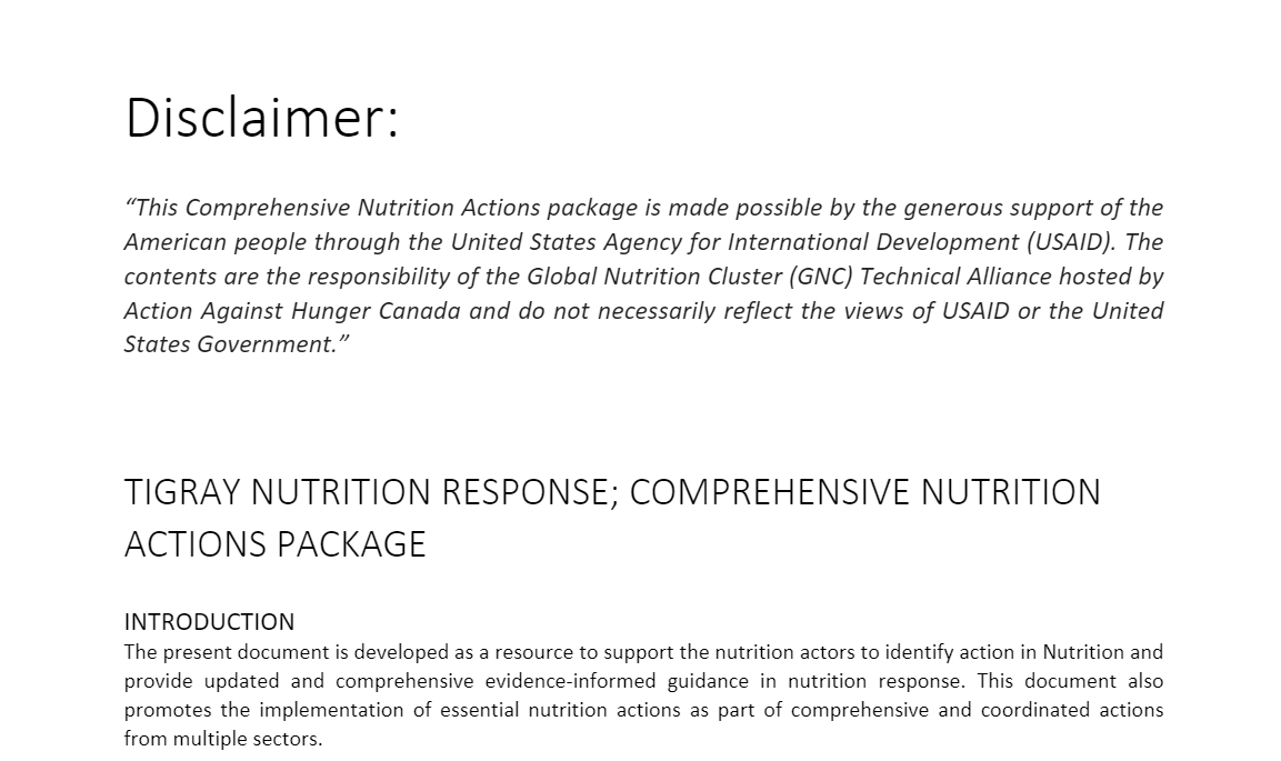 Tigray Comprehensive Nutrition Action Package 